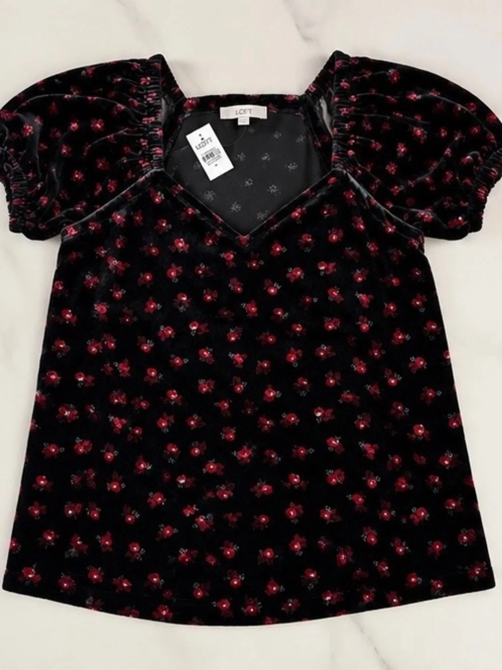LOFT Black Velvet Puff-Sleeve Top with Red Floral Motif